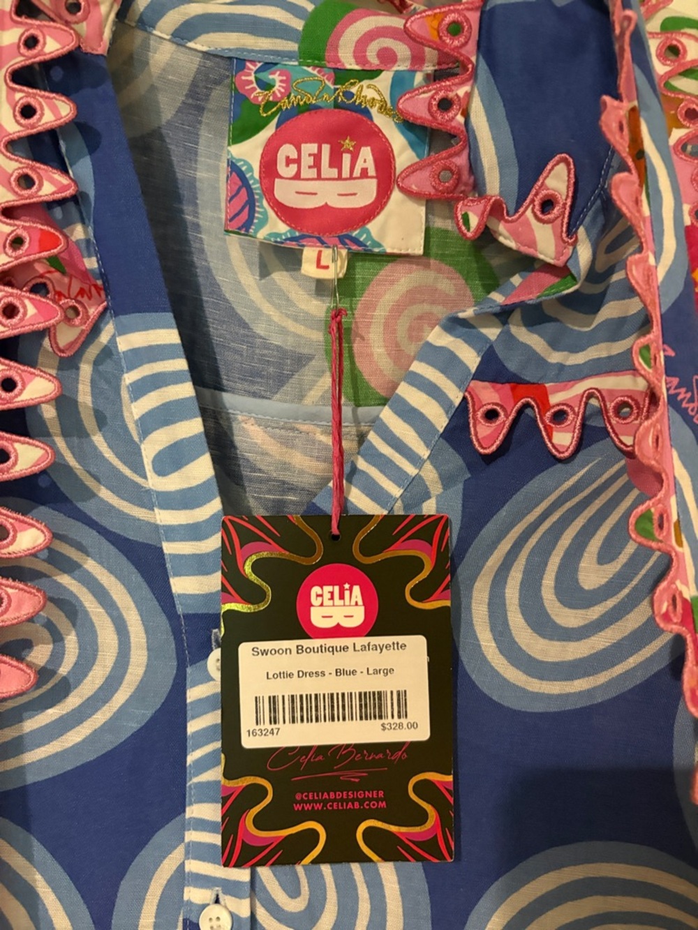 CeliaB Blue Swirl Floral Tiered Dress with Pink Trim Accents - Picture 2 of 3